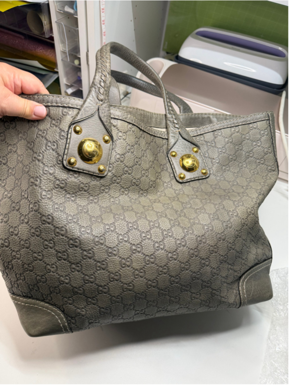 Women's Gucci GG Guccissima Leather Tote Bag, One Size, Grey and Gold - Picture 5 of 16